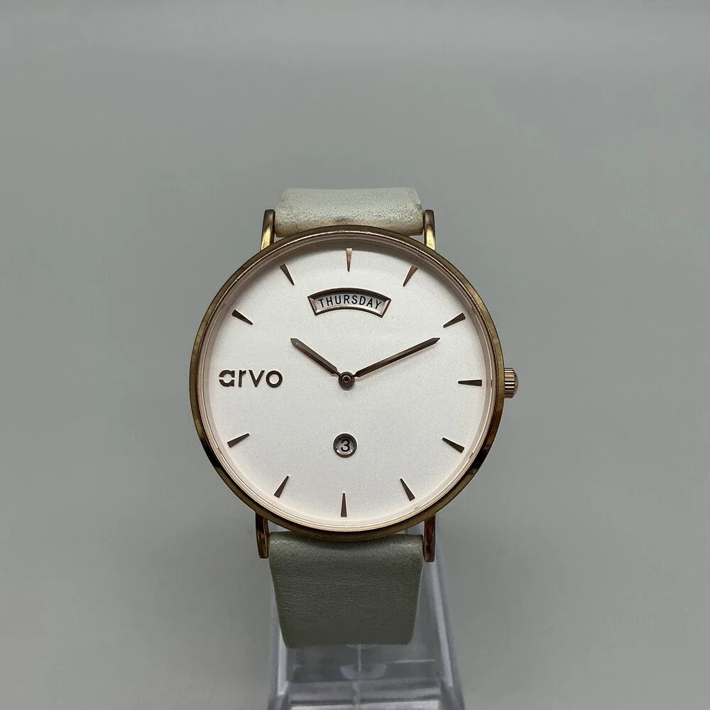 Arvo Mens Watch 40mm White Day Date The Awristacrat Leather Red Gold New Battery
